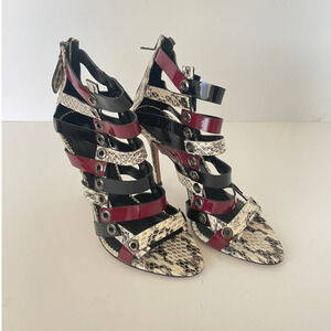 Aperlai Black and Burgundy Patent and Snakeskin Caged Sandals • Size 37 🔴